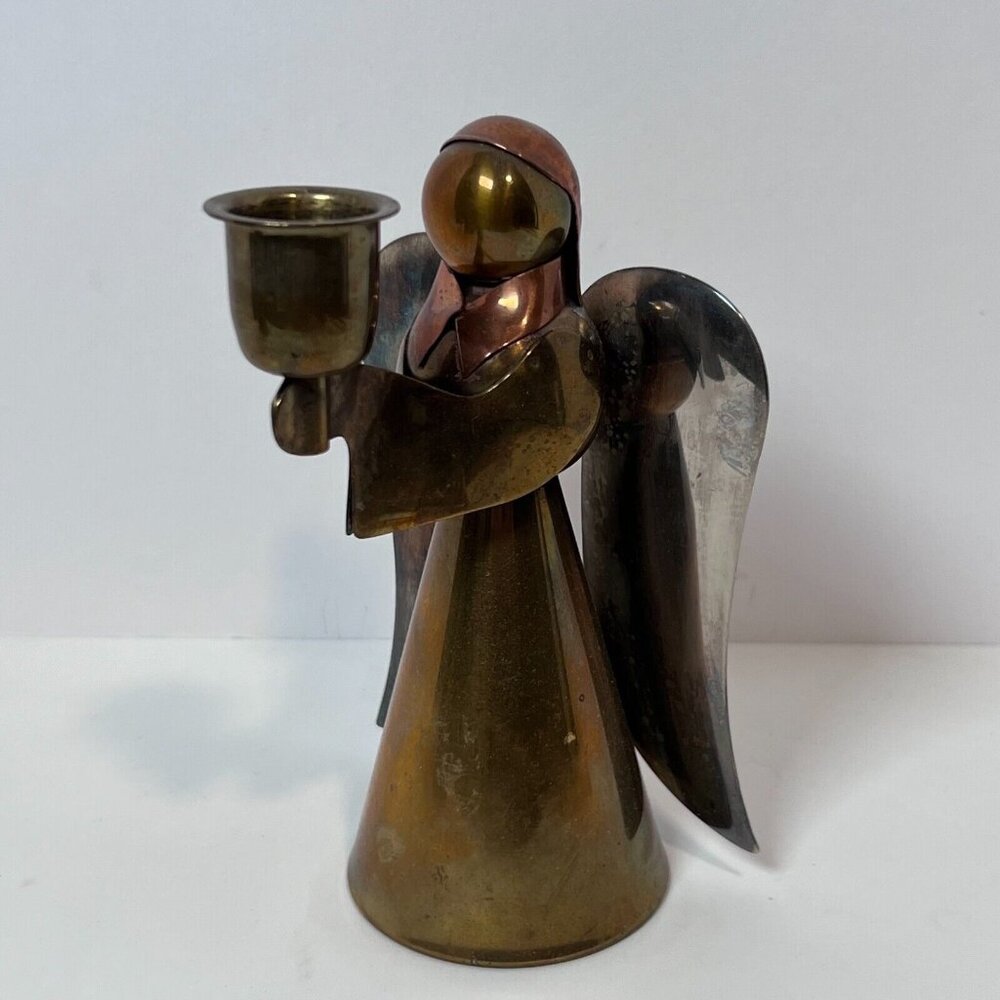 Brass and Copper Angel Candle Holder‎ made in Hong Kong 6" Christian VTG 70's